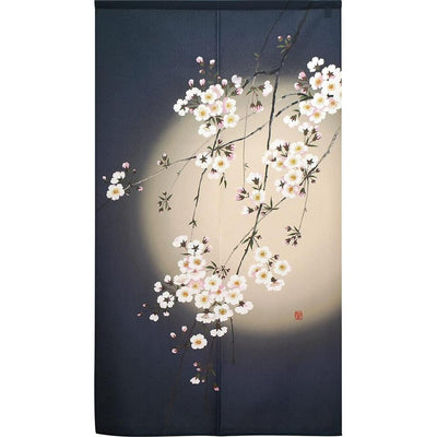 NOREN Japanese Doorway Curtain Shidare Sakura Moon 150 x 85cm Navy Blue