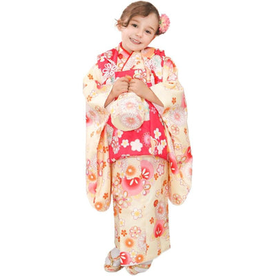 Full Kimono Set for 3 Years Old Yellow & Pink Shichigosan/New Years Ceremony