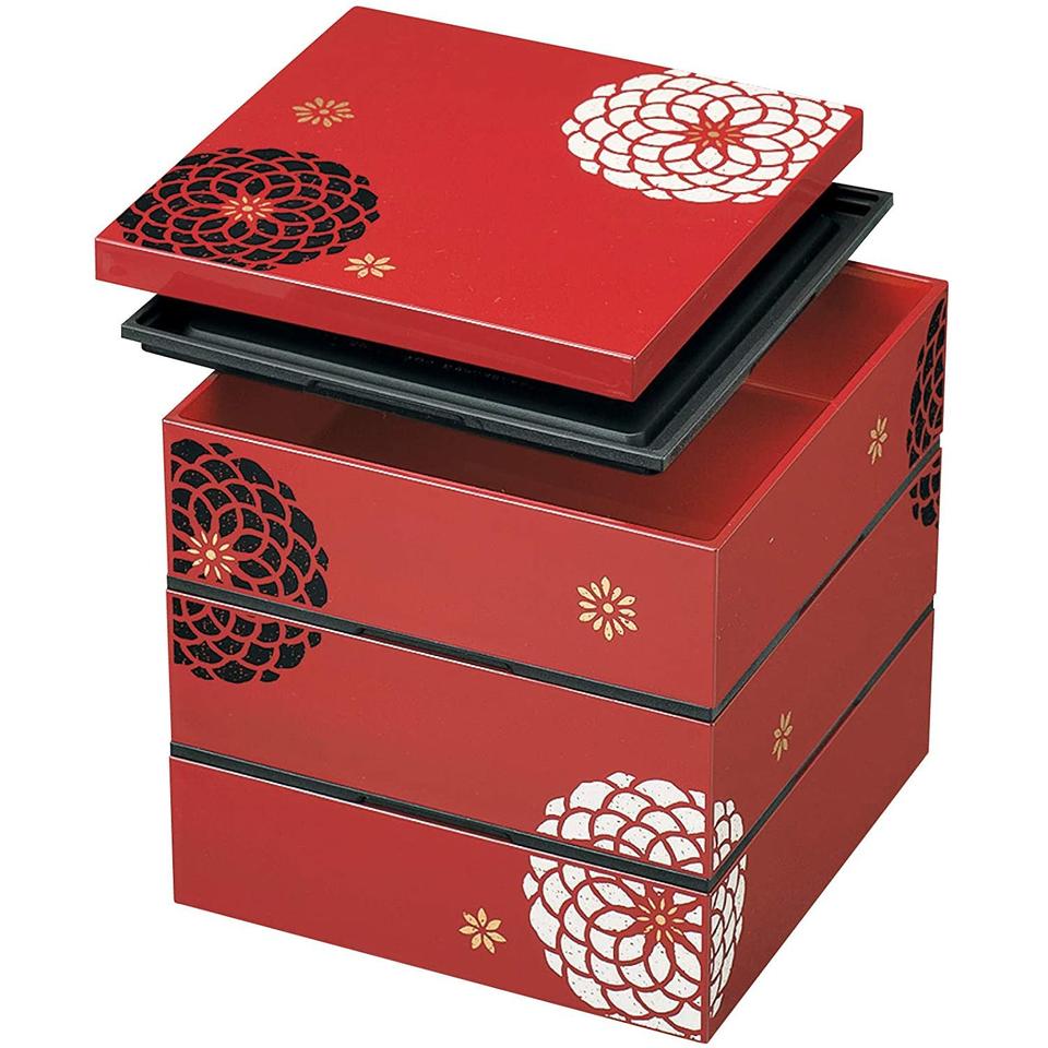 3-Stage 18cm Osechi Jubako Lunch Box Container Flower Red