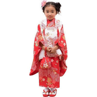 Full Kimono Set for 3 Years Old  Red & White Sakura Shichigosan/New Years Ceremony