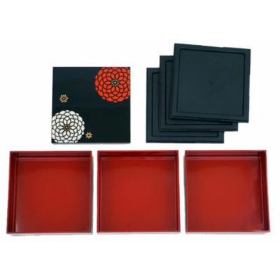 3-Stage 18cm Osechi Jubako Lunch Box Container Flower Black