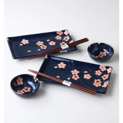 Mino Ware Sushi/Sashimi Plate set Sakura Navy Blue