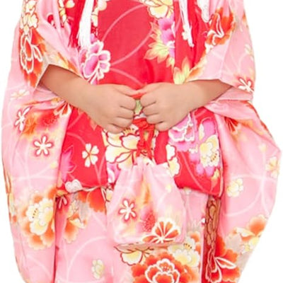 Full Kimono Set for 3 Years Old Pink & Red Shichigosan/New Years Ceremony