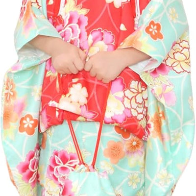 Full Kimono Set for 3 Years Old Mint Green & Red Shichigosan/New Years Ceremony