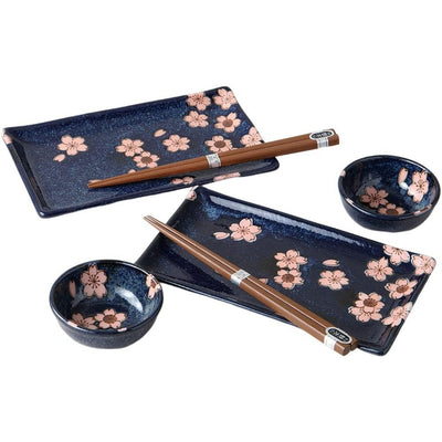 Mino Ware Sushi/Sashimi Plate set Sakura Navy Blue