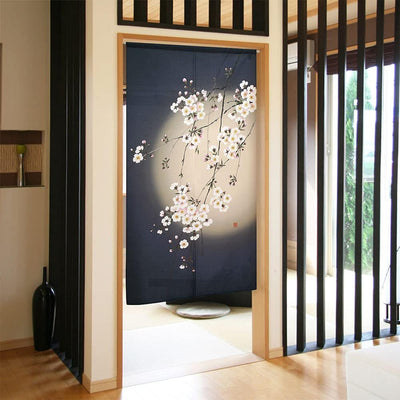 NOREN Japanese Doorway Curtain Shidare Sakura Moon 150 x 85cm Navy Blue