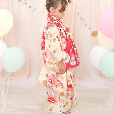 Full Kimono Set for 3 Years Old Yellow & Pink Shichigosan/New Years Ceremony