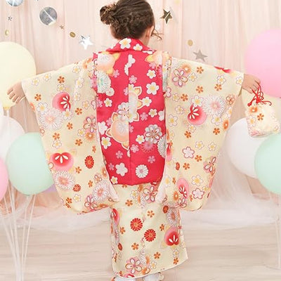 Full Kimono Set for 3 Years Old Yellow & Pink Shichigosan/New Years Ceremony