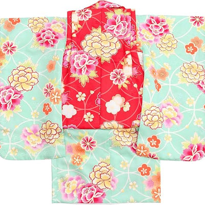 Full Kimono Set for 3 Years Old Mint Green & Red Shichigosan/New Years Ceremony